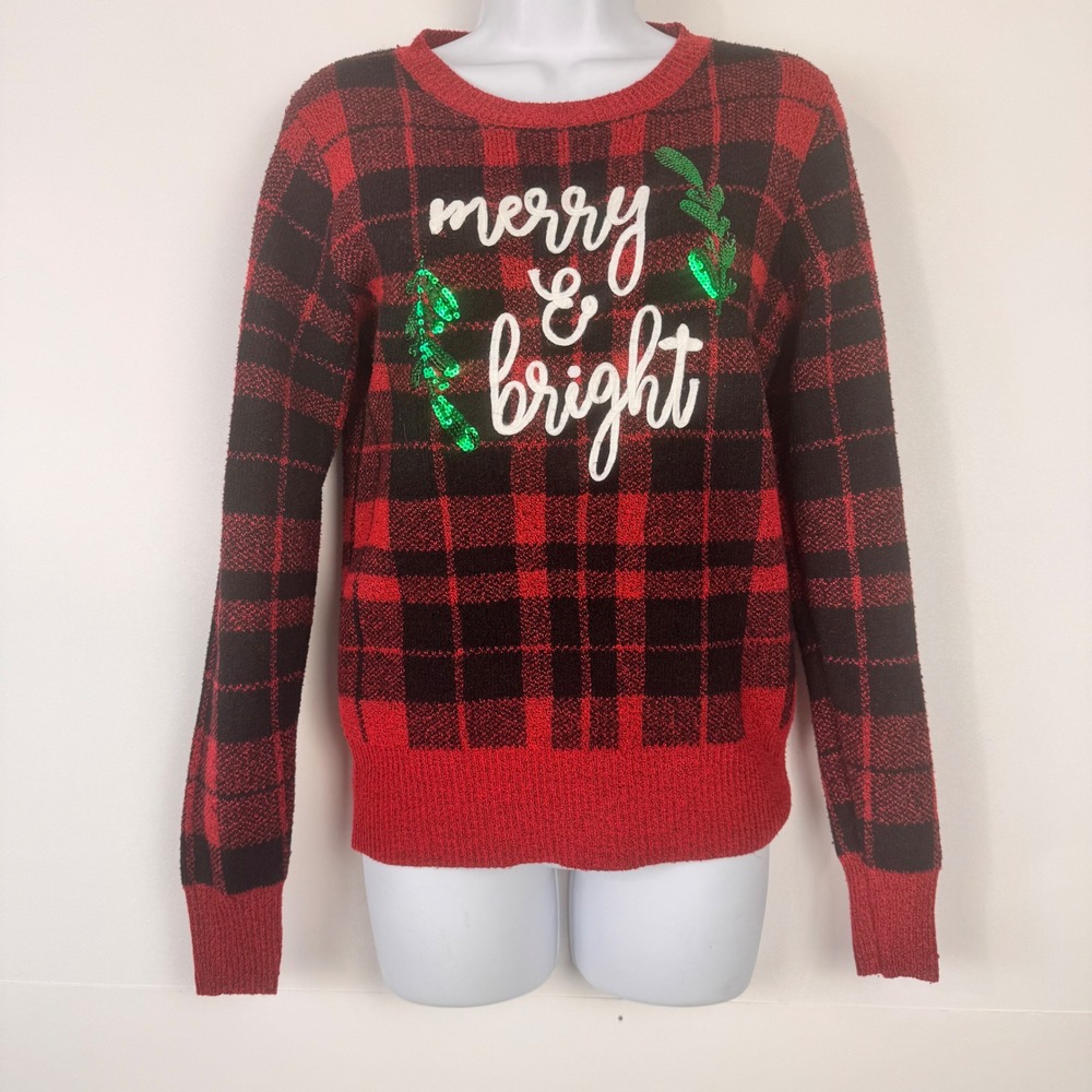 Holiday Time Sweater Women XS Red Black Long Sleeve Plaid Merry Bright Sequin